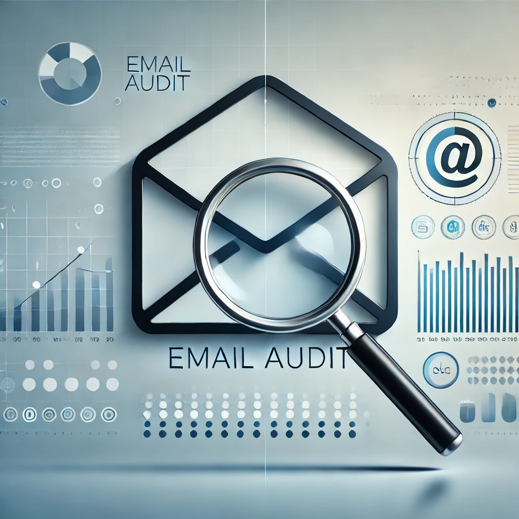 DALL·E 2024-12-30 18.52.01 - A professional and modern image representing an email audit. The design features an email envelope icon with a magnifying glass hovering over it, symb - Shawfire Media email audit