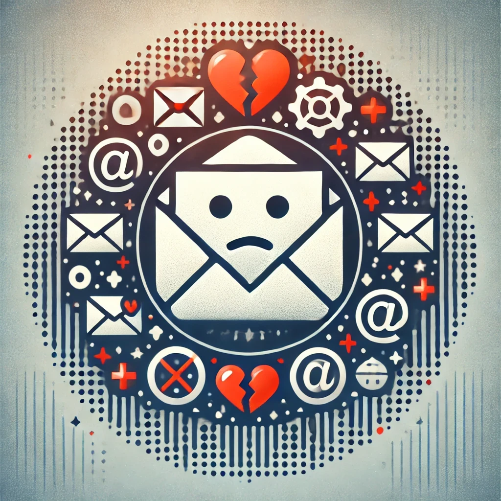 DALL·E 2024-12-30 18.59.54 - An image representing unhappy email subscribers. The design features an email icon with a sad face overlay, surrounded by symbols like a broken heart - Shawfire Media